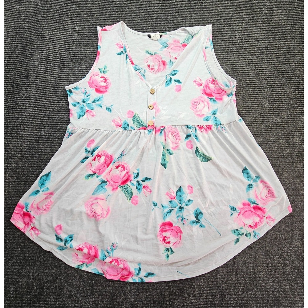 Heimish USA Peplum Top Womens XL White Floral Sleeveless V Neck Button Babydoll